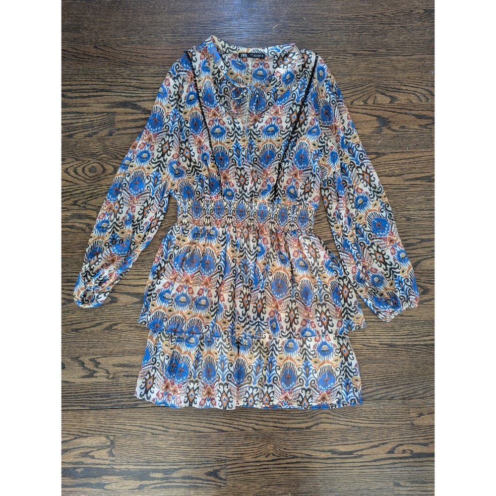 Zara Mini Dress Womens Size M Aztec Country print Balloon Sleeves Sheer ruffle